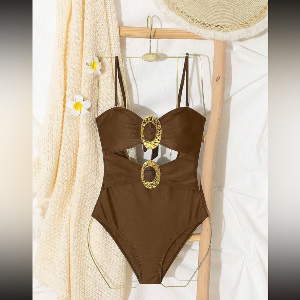 Chocolate Brown Strapless One Piece Swimsuit with Sweetheart Neckline
